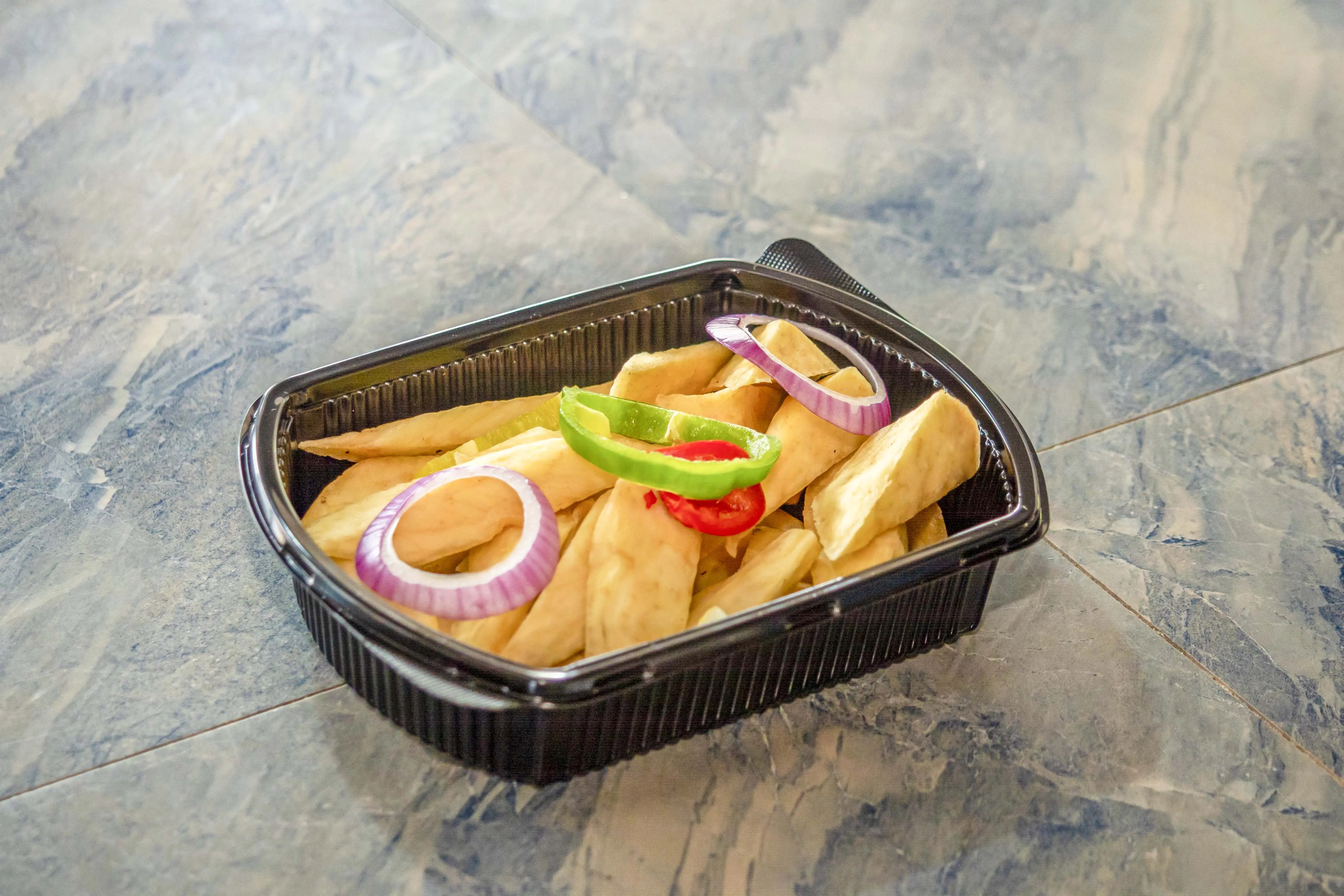 Fried yam wedges with onions and peppers — Diamonds & Pearls Catering